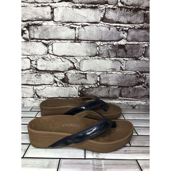 Vionic High Tide Blue Leather Slip On Orthotic Thong Sandals Women Sz 9M US/41EU - Picture 1 of 16